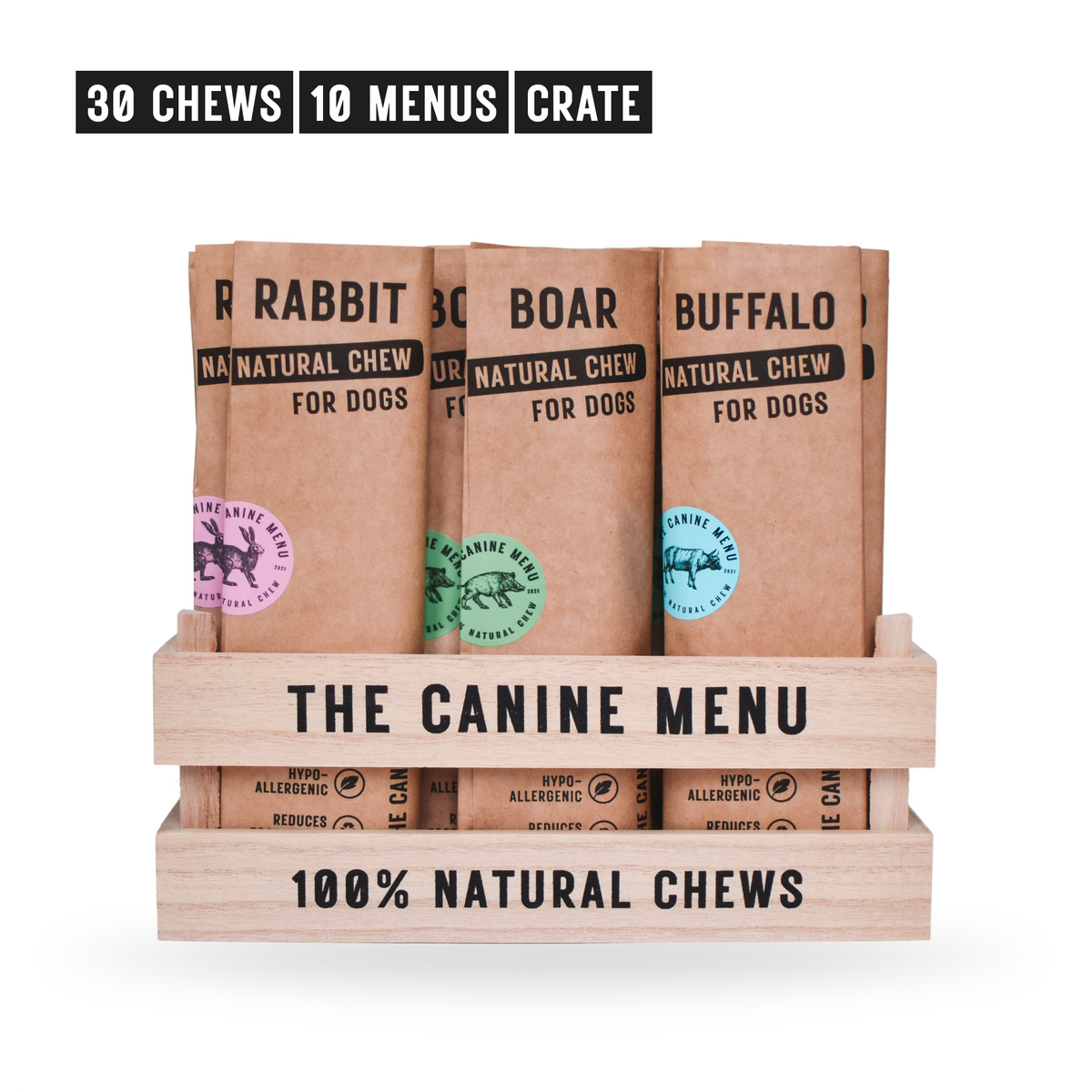 The Canine Menu Starter Pack (30 koiranherkkua + 10 menua + puinen rasia)